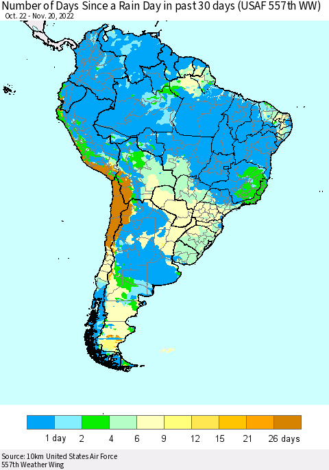 South America Number of Days Since a Rain Day in past 30 days (USAF 557th WW) Thematic Map For 11/16/2022 - 11/20/2022