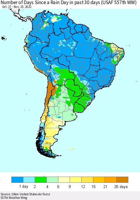 South America Number of Days Since a Rain Day in past 30 days (USAF 557th WW) Thematic Map For 11/21/2022 - 11/25/2022