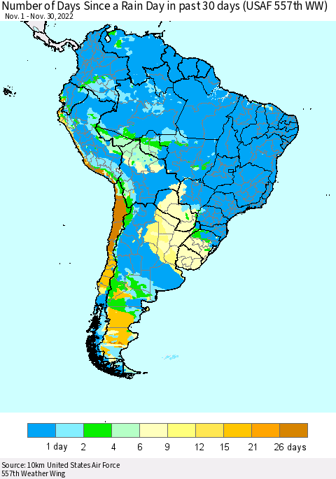 South America Number of Days Since a Rain Day in past 30 days (USAF 557th WW) Thematic Map For 11/26/2022 - 11/30/2022