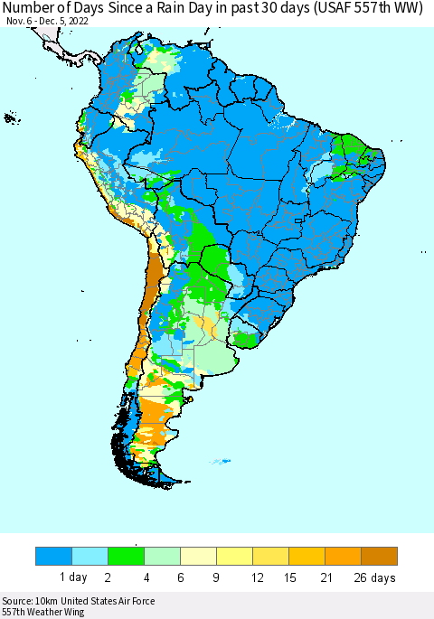 South America Number of Days Since a Rain Day in past 30 days (USAF 557th WW) Thematic Map For 12/1/2022 - 12/5/2022