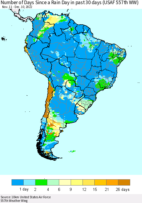 South America Number of Days Since a Rain Day in past 30 days (USAF 557th WW) Thematic Map For 12/6/2022 - 12/10/2022