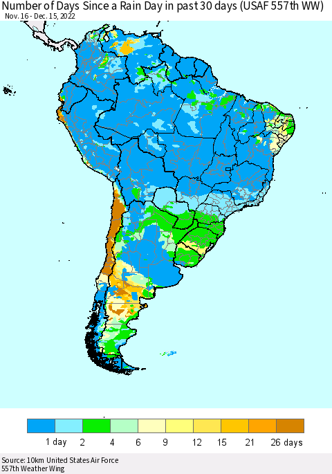 South America Number of Days Since a Rain Day in past 30 days (USAF 557th WW) Thematic Map For 12/11/2022 - 12/15/2022