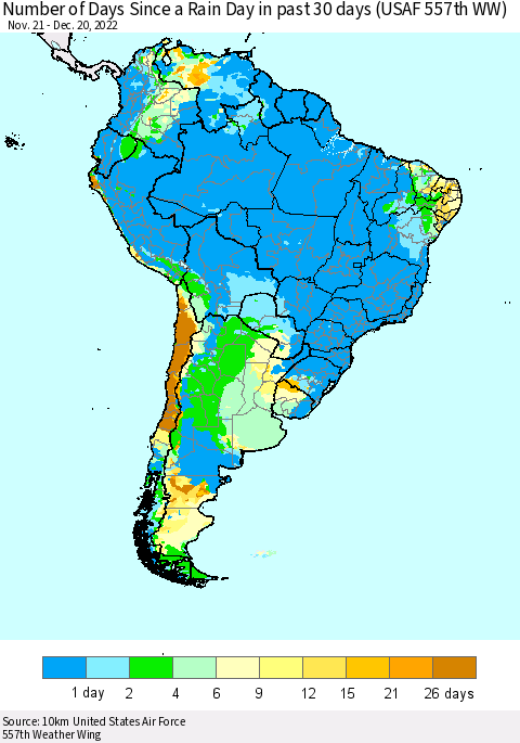 South America Number of Days Since a Rain Day in past 30 days (USAF 557th WW) Thematic Map For 12/16/2022 - 12/20/2022