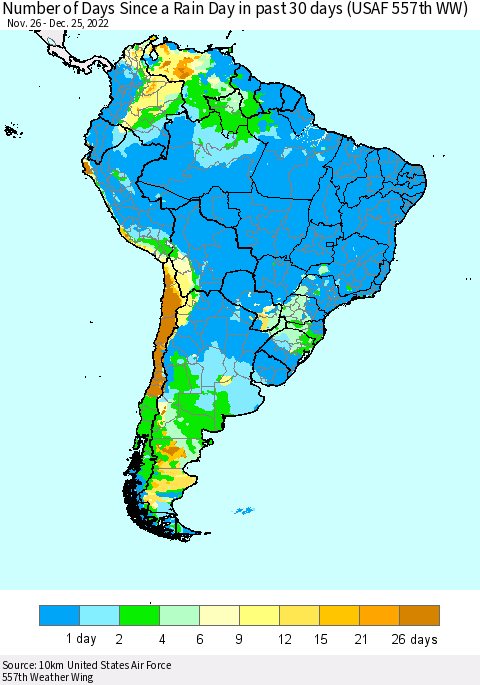 South America Number of Days Since a Rain Day in past 30 days (USAF 557th WW) Thematic Map For 12/21/2022 - 12/25/2022