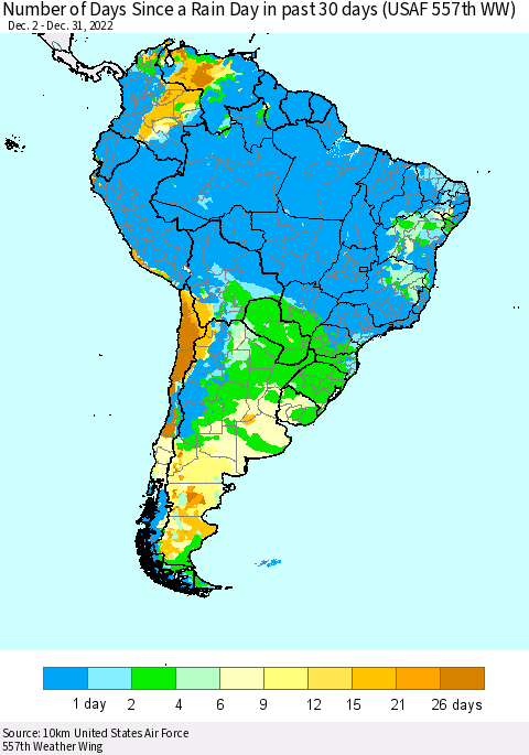 South America Number of Days Since a Rain Day in past 30 days (USAF 557th WW) Thematic Map For 12/26/2022 - 12/31/2022