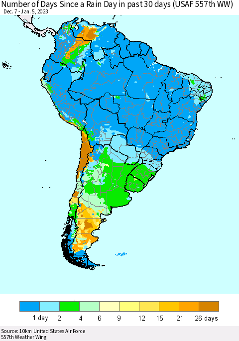 South America Number of Days Since a Rain Day in past 30 days (USAF 557th WW) Thematic Map For 1/1/2023 - 1/5/2023