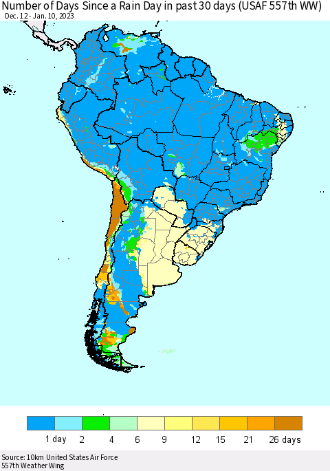 South America Number of Days Since a Rain Day in past 30 days (USAF 557th WW) Thematic Map For 1/6/2023 - 1/10/2023