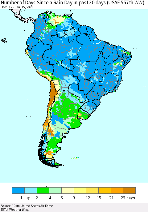 South America Number of Days Since a Rain Day in past 30 days (USAF 557th WW) Thematic Map For 1/11/2023 - 1/15/2023