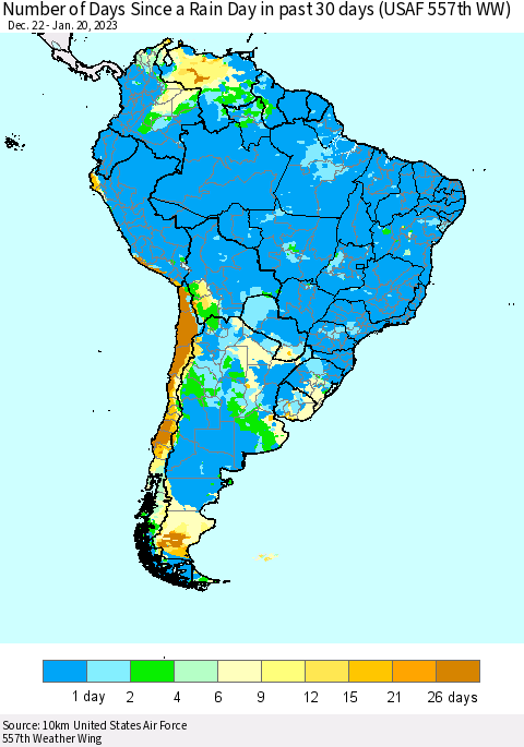South America Number of Days Since a Rain Day in past 30 days (USAF 557th WW) Thematic Map For 1/16/2023 - 1/20/2023