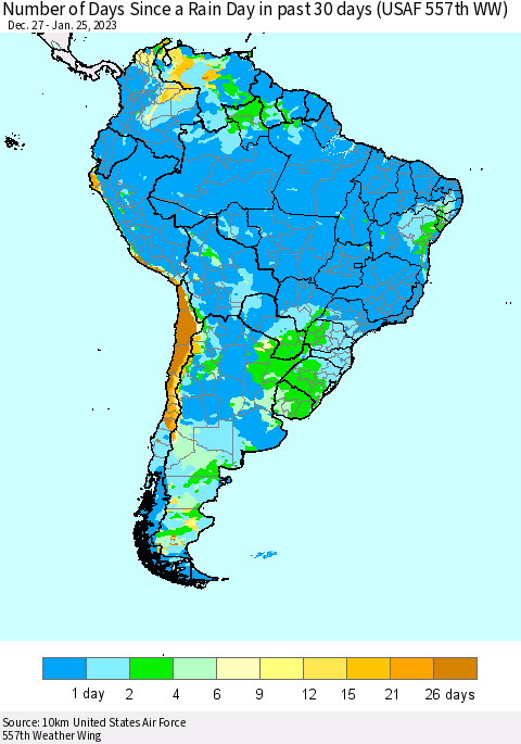 South America Number of Days Since a Rain Day in past 30 days (USAF 557th WW) Thematic Map For 1/21/2023 - 1/25/2023