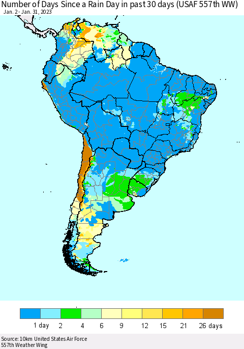 South America Number of Days Since a Rain Day in past 30 days (USAF 557th WW) Thematic Map For 1/26/2023 - 1/31/2023