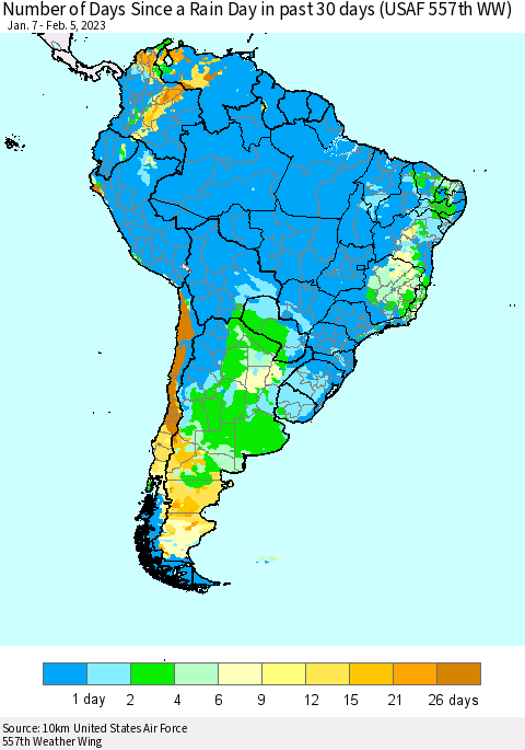 South America Number of Days Since a Rain Day in past 30 days (USAF 557th WW) Thematic Map For 2/1/2023 - 2/5/2023