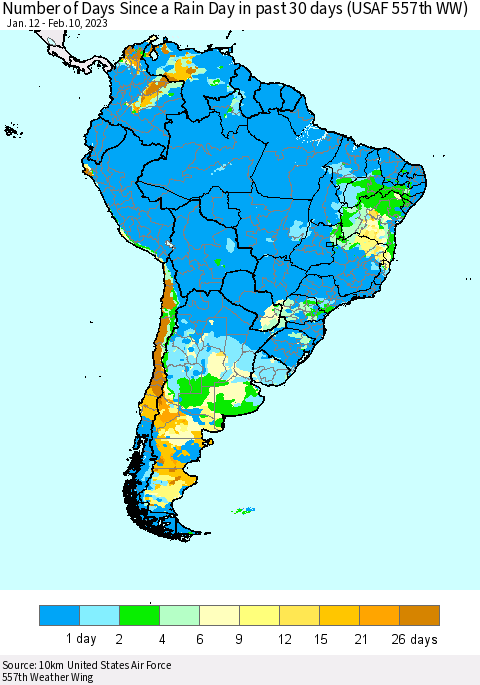 South America Number of Days Since a Rain Day in past 30 days (USAF 557th WW) Thematic Map For 2/6/2023 - 2/10/2023