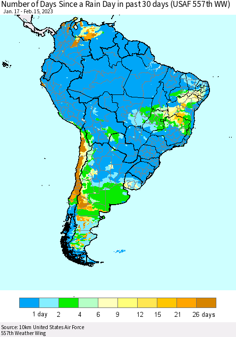 South America Number of Days Since a Rain Day in past 30 days (USAF 557th WW) Thematic Map For 2/11/2023 - 2/15/2023