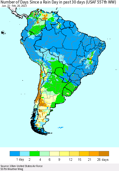 South America Number of Days Since a Rain Day in past 30 days (USAF 557th WW) Thematic Map For 2/16/2023 - 2/20/2023