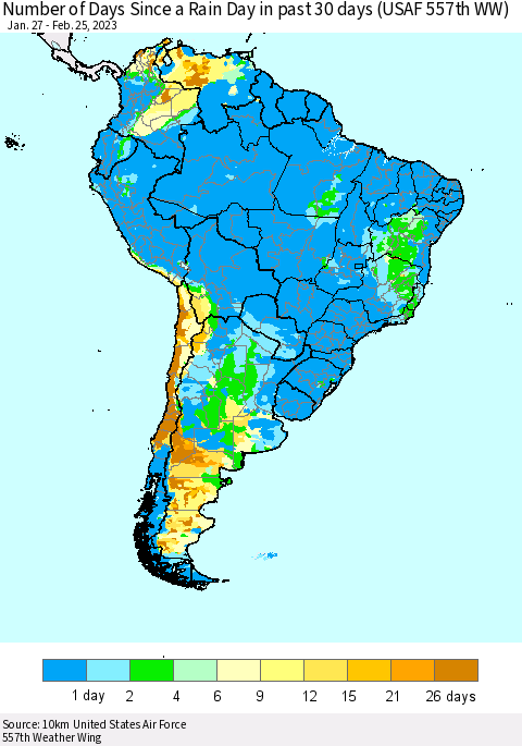 South America Number of Days Since a Rain Day in past 30 days (USAF 557th WW) Thematic Map For 2/21/2023 - 2/25/2023