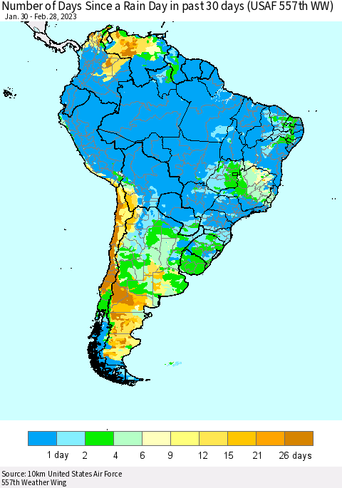 South America Number of Days Since a Rain Day in past 30 days (USAF 557th WW) Thematic Map For 2/26/2023 - 2/28/2023