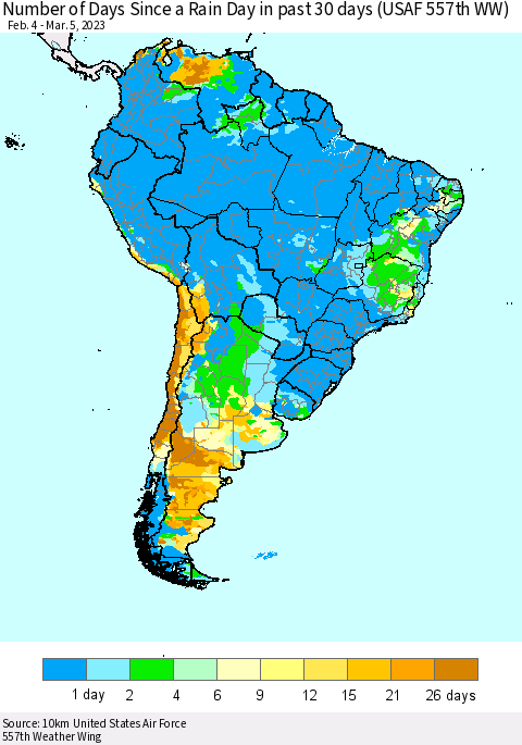 South America Number of Days Since a Rain Day in past 30 days (USAF 557th WW) Thematic Map For 3/1/2023 - 3/5/2023