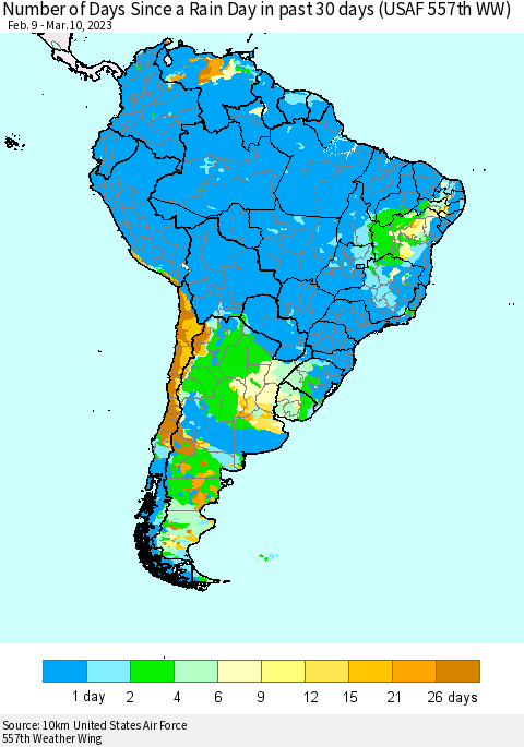 South America Number of Days Since a Rain Day in past 30 days (USAF 557th WW) Thematic Map For 3/6/2023 - 3/10/2023