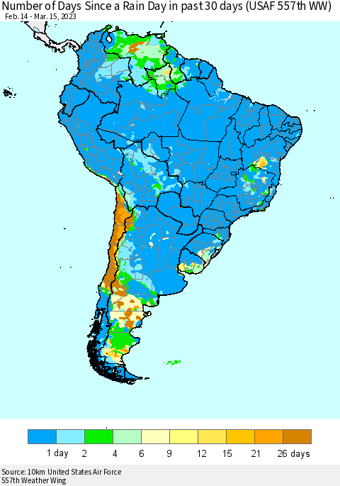South America Number of Days Since a Rain Day in past 30 days (USAF 557th WW) Thematic Map For 3/11/2023 - 3/15/2023