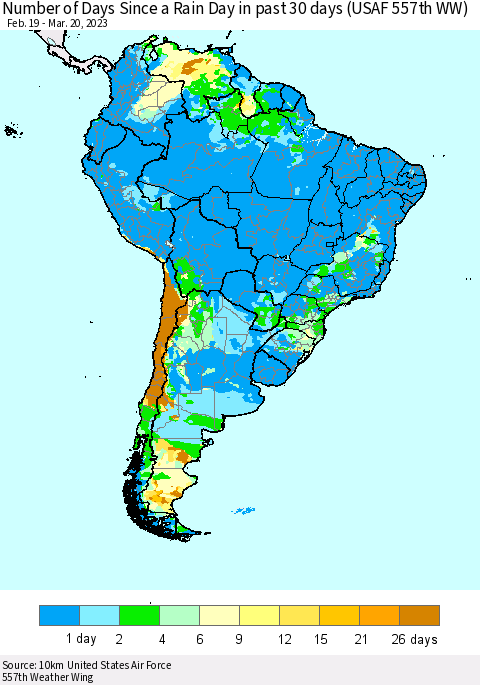 South America Number of Days Since a Rain Day in past 30 days (USAF 557th WW) Thematic Map For 3/16/2023 - 3/20/2023