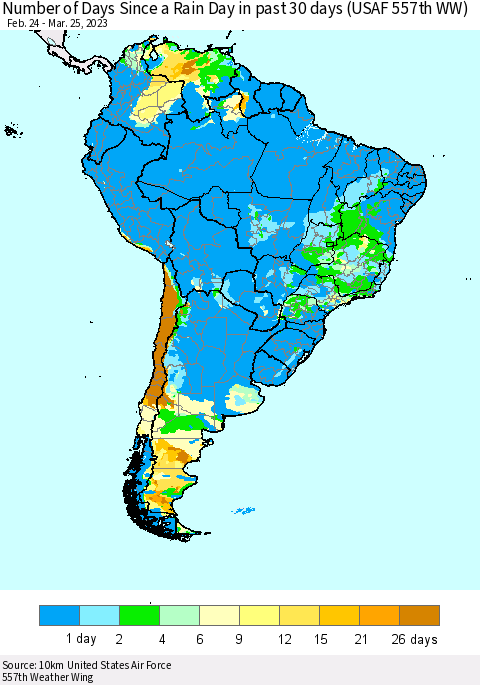 South America Number of Days Since a Rain Day in past 30 days (USAF 557th WW) Thematic Map For 3/21/2023 - 3/25/2023
