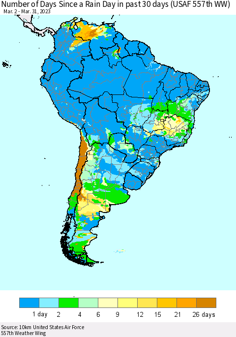South America Number of Days Since a Rain Day in past 30 days (USAF 557th WW) Thematic Map For 3/26/2023 - 3/31/2023