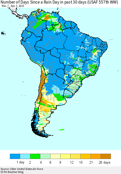 South America Number of Days Since a Rain Day in past 30 days (USAF 557th WW) Thematic Map For 4/1/2023 - 4/5/2023