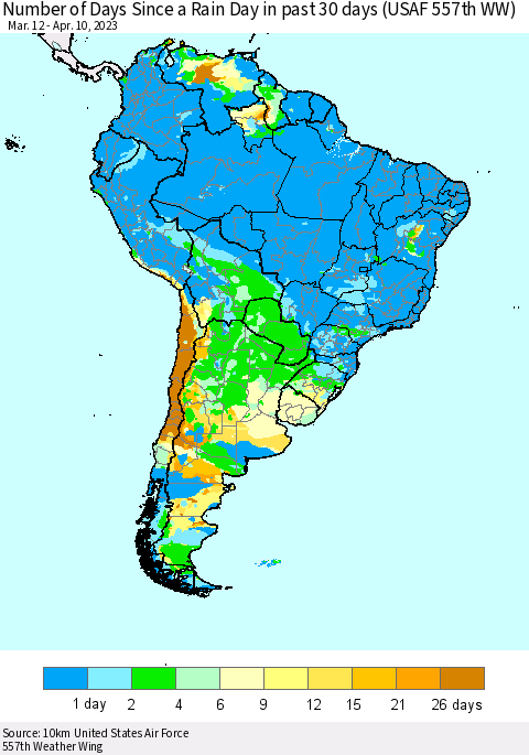 South America Number of Days Since a Rain Day in past 30 days (USAF 557th WW) Thematic Map For 4/6/2023 - 4/10/2023