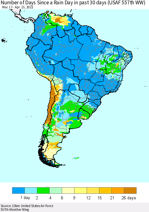 South America Number of Days Since a Rain Day in past 30 days (USAF 557th WW) Thematic Map For 4/11/2023 - 4/15/2023