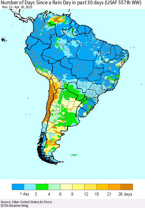 South America Number of Days Since a Rain Day in past 30 days (USAF 557th WW) Thematic Map For 4/16/2023 - 4/20/2023