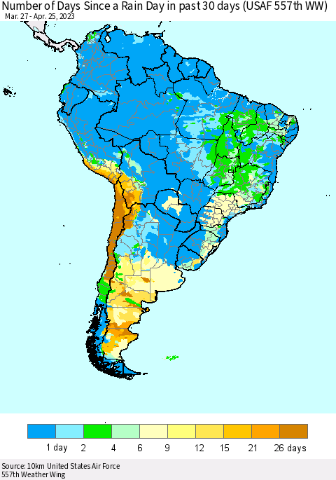 South America Number of Days Since a Rain Day in past 30 days (USAF 557th WW) Thematic Map For 4/21/2023 - 4/25/2023