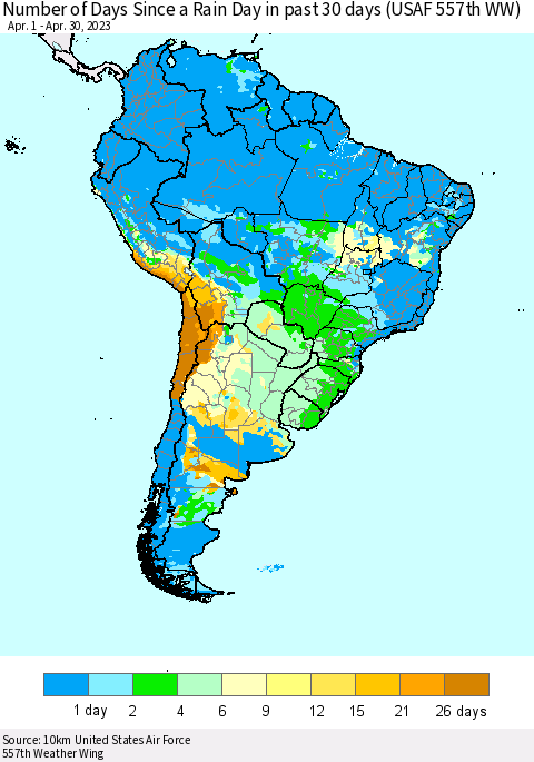 South America Number of Days Since a Rain Day in past 30 days (USAF 557th WW) Thematic Map For 4/26/2023 - 4/30/2023