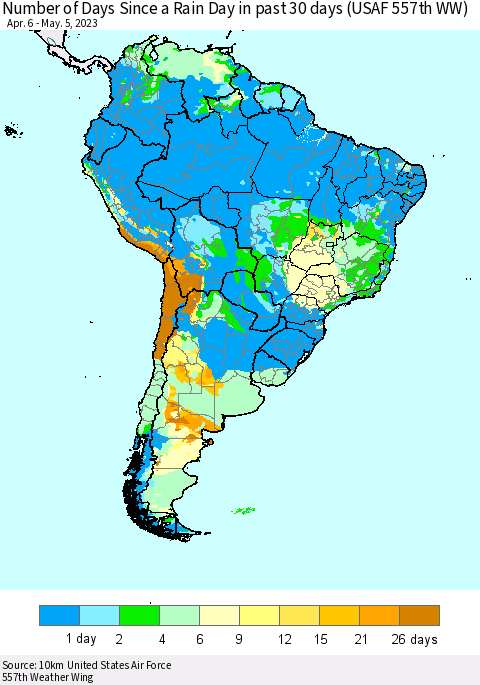 South America Number of Days Since a Rain Day in past 30 days (USAF 557th WW) Thematic Map For 5/1/2023 - 5/5/2023
