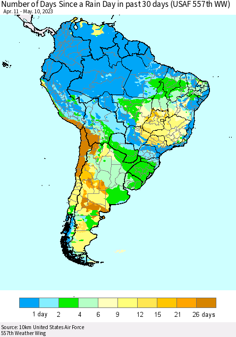South America Number of Days Since a Rain Day in past 30 days (USAF 557th WW) Thematic Map For 5/6/2023 - 5/10/2023