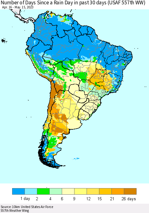 South America Number of Days Since a Rain Day in past 30 days (USAF 557th WW) Thematic Map For 5/11/2023 - 5/15/2023