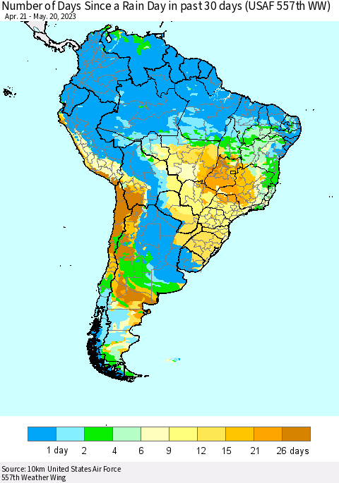 South America Number of Days Since a Rain Day in past 30 days (USAF 557th WW) Thematic Map For 5/16/2023 - 5/20/2023