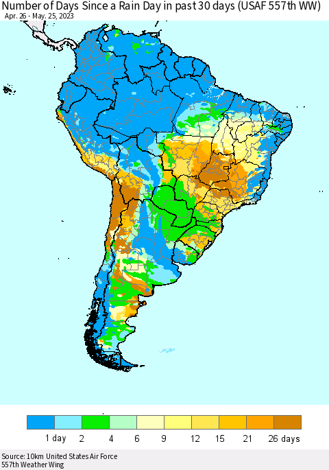 South America Number of Days Since a Rain Day in past 30 days (USAF 557th WW) Thematic Map For 5/21/2023 - 5/25/2023
