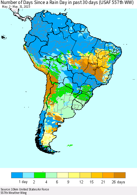 South America Number of Days Since a Rain Day in past 30 days (USAF 557th WW) Thematic Map For 5/26/2023 - 5/31/2023