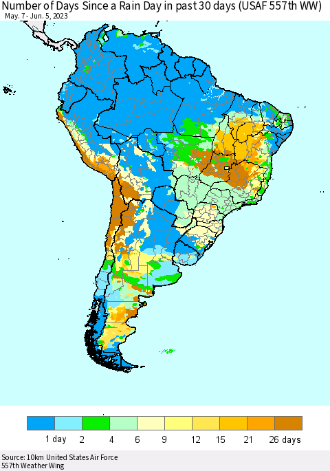 South America Number of Days Since a Rain Day in past 30 days (USAF 557th WW) Thematic Map For 6/1/2023 - 6/5/2023
