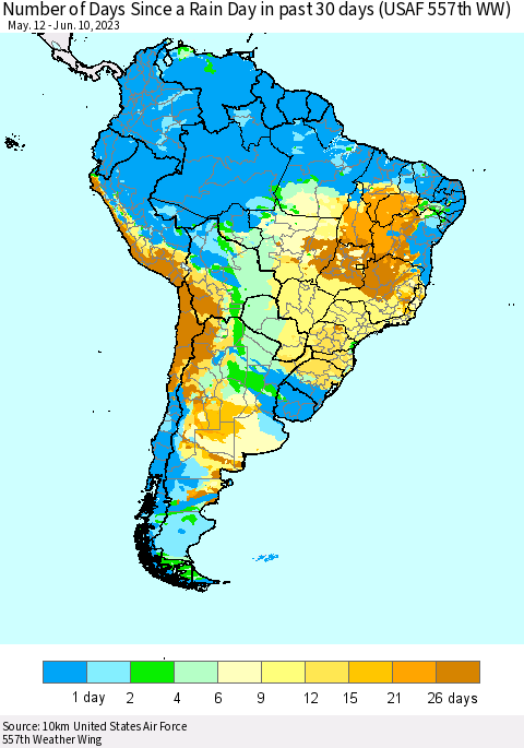 South America Number of Days Since a Rain Day in past 30 days (USAF 557th WW) Thematic Map For 6/6/2023 - 6/10/2023