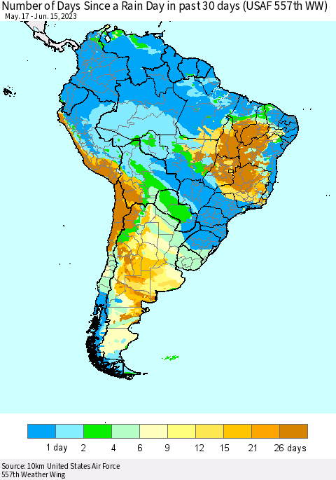 South America Number of Days Since a Rain Day in past 30 days (USAF 557th WW) Thematic Map For 6/11/2023 - 6/15/2023