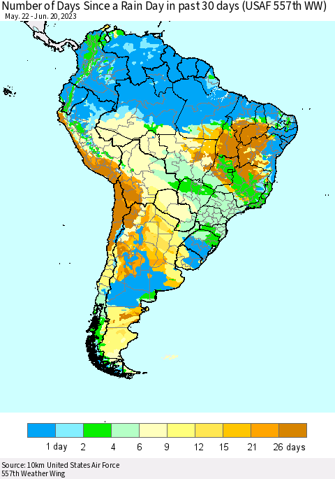 South America Number of Days Since a Rain Day in past 30 days (USAF 557th WW) Thematic Map For 6/16/2023 - 6/20/2023
