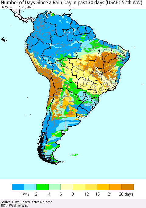 South America Number of Days Since a Rain Day in past 30 days (USAF 557th WW) Thematic Map For 6/21/2023 - 6/25/2023