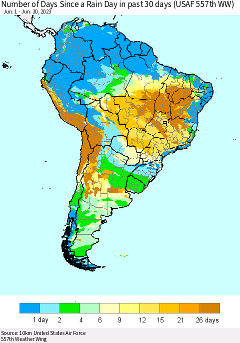 South America Number of Days Since a Rain Day in past 30 days (USAF 557th WW) Thematic Map For 6/26/2023 - 6/30/2023