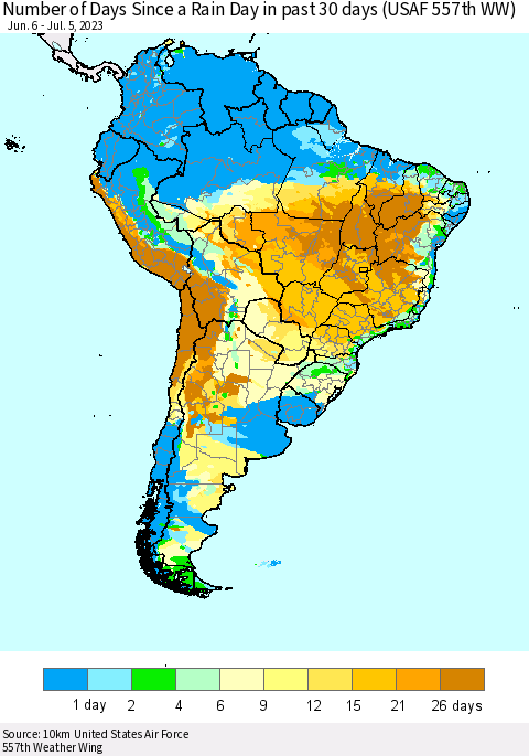 South America Number of Days Since a Rain Day in past 30 days (USAF 557th WW) Thematic Map For 7/1/2023 - 7/5/2023