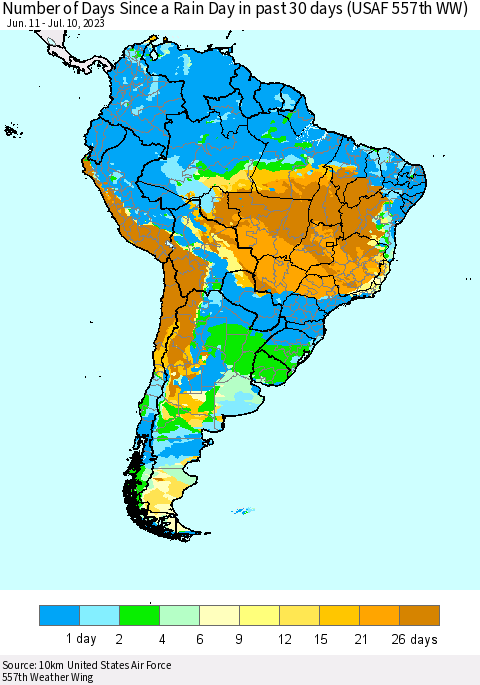 South America Number of Days Since a Rain Day in past 30 days (USAF 557th WW) Thematic Map For 7/6/2023 - 7/10/2023