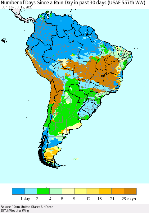 South America Number of Days Since a Rain Day in past 30 days (USAF 557th WW) Thematic Map For 7/11/2023 - 7/15/2023