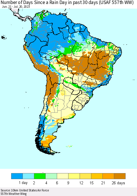 South America Number of Days Since a Rain Day in past 30 days (USAF 557th WW) Thematic Map For 7/16/2023 - 7/20/2023