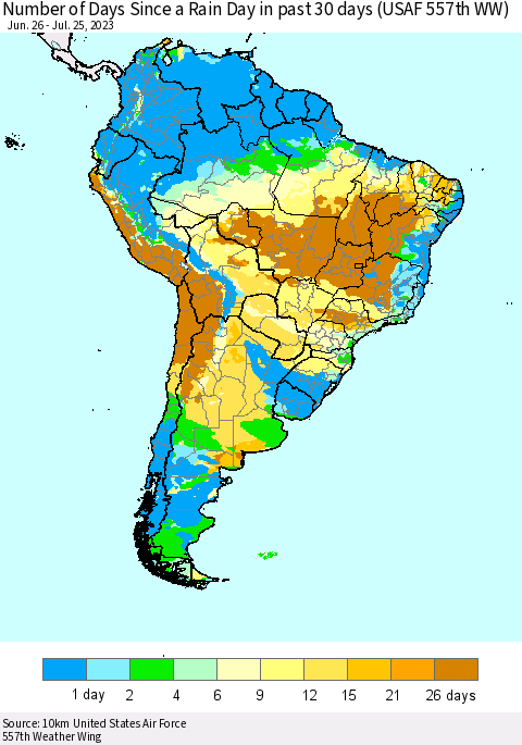 South America Number of Days Since a Rain Day in past 30 days (USAF 557th WW) Thematic Map For 7/21/2023 - 7/25/2023